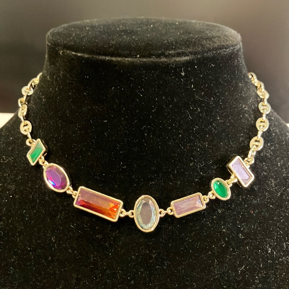Louise Sinclair Necklace Glass Gemstone Choker Gold tone adjustable 12-15”